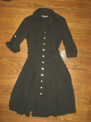 NEW womens 4 dress Sharagano midi black short roll tab sleeve belted full button