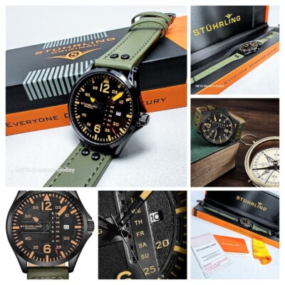 Stuhrling Aeronaut Men's Watch Green Black Japan Quartz Leather 3916 Aviator NWT