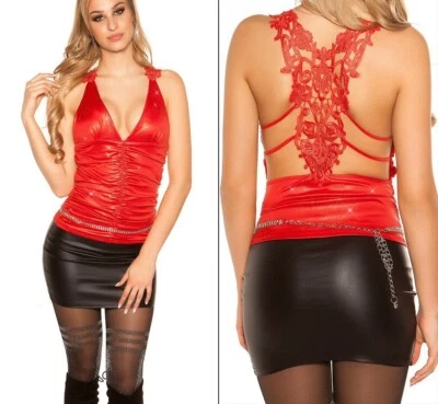 Sexy Miss Women's Evening Raff V Top Crochet Lace Back XS/S Red Glamour Glitter - Image 1 of 4