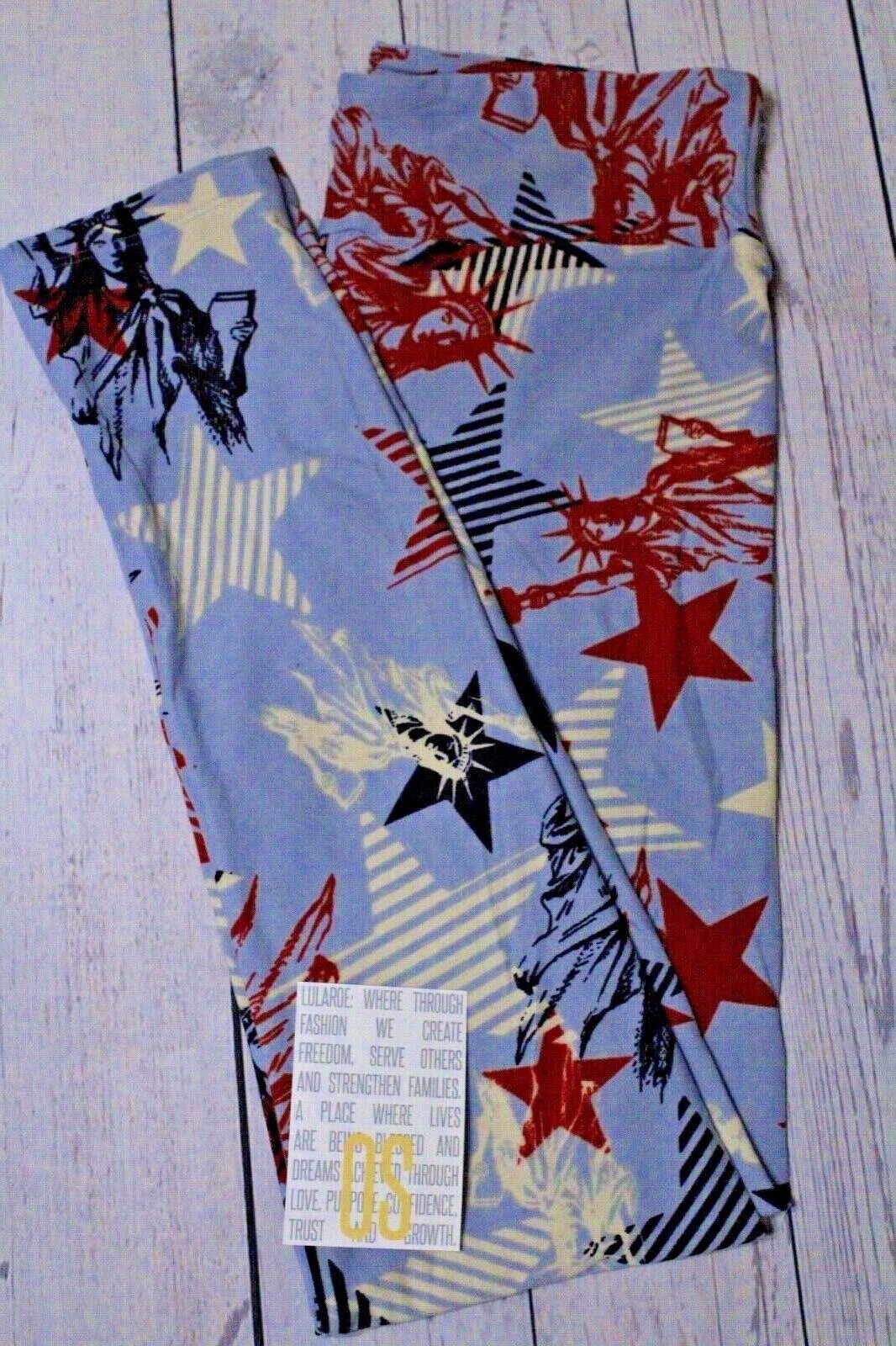 NWT LuLaRoe OS AMERICANA Light BLUE Leggings with Red White Blue STARS & Liberty
