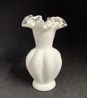 Vintage Fenton Silver Crest White Milk Glass Vase Melon Shape Ruffled Rim 6" MCM