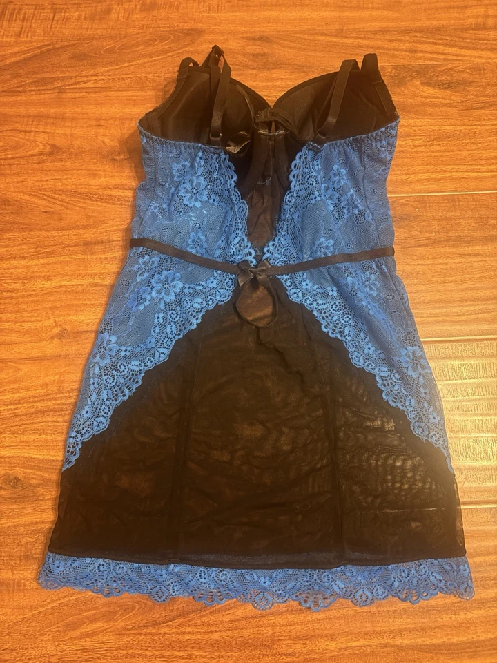 Vestido Muñeca Bebé Frederick's of Hollywood Vintage Encaje, Azul y Negro Foto 4 de 4