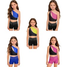Kids Girls Set Rhinestones Dancewear One Shoulder Outfit Competition Modern