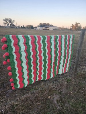 New Christmas Green Hot Pink Blue PomPoms Handmade Afghan Crochet  Blanket 46x54