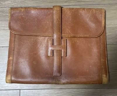 Hermes Jige PM Clutch Bag Brown Genuine Leather 29cm Unisex Auth France Good