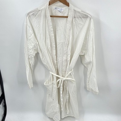 Eileen West Vintage Short Robe White Floral Trim Women's Large L