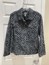 Chicos Womens Sz 1 Pretty Gray Black Animal Print Button Blazer Jacket
