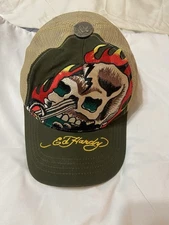 NEW Ed Hardy Trucker Snap Back Adjustable Hat Cap Skull Embroidery Green Tan