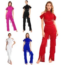 Women Off Shoulder Rhinestones Fringe Tassel Jumpsuit Latin Jazz Dance Costume