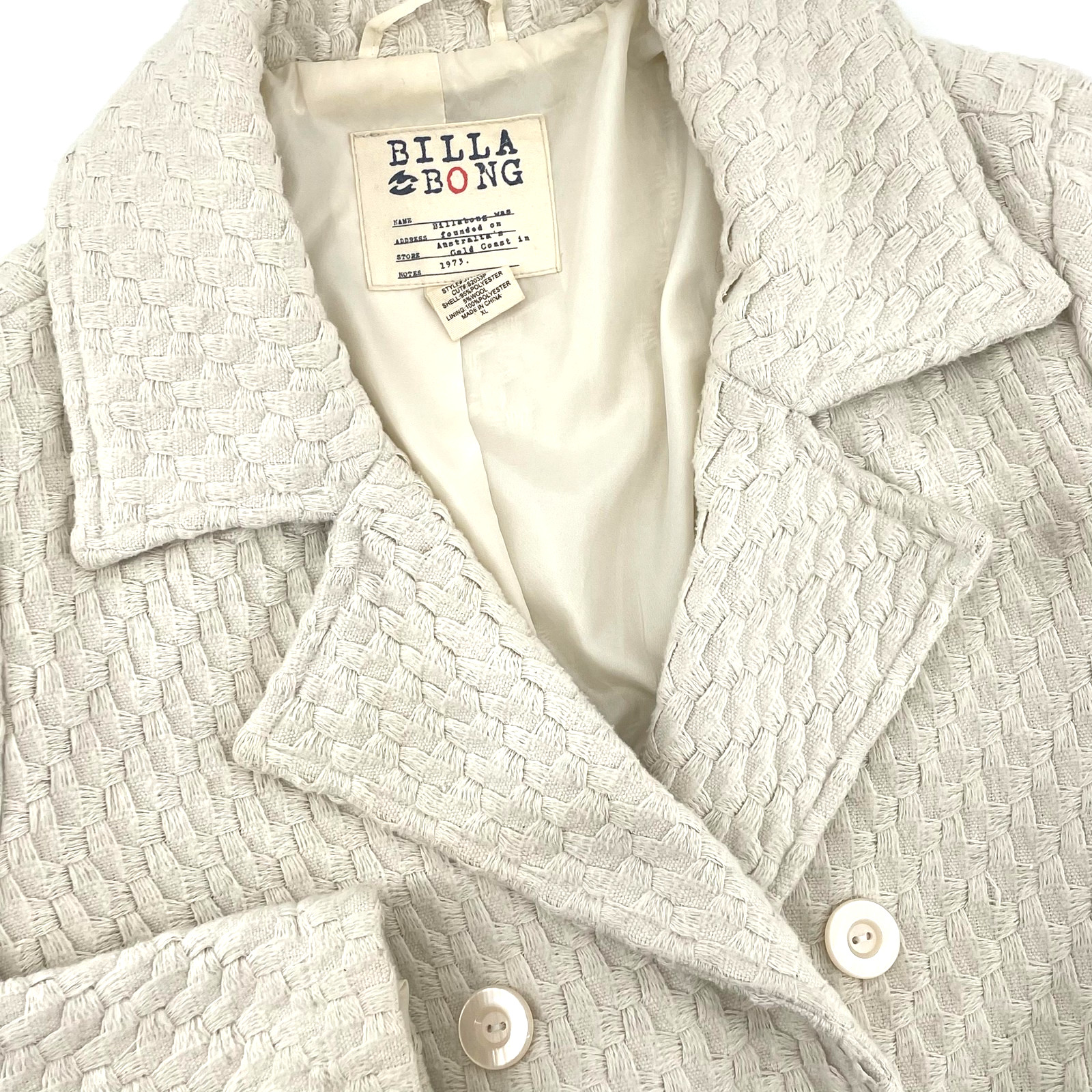 Billabong Coat Womens XL Cream Textured Double Breasted Peacoat Lined Wool Knit
