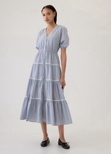 GAP Blue & White Tiered Midi Dress Puff Sleeves Cottage Boho Ruffled Prairie XL