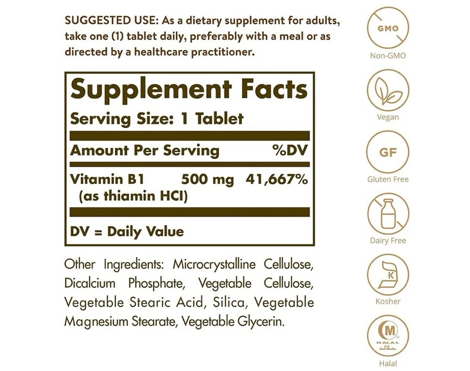 Solgar Vitamina B1 (Tiamina) 500mg Suplemento Dietético (100 Comprimidos) Foto 3 de 4