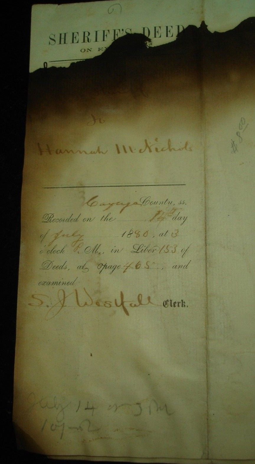 1880 THOMAS REED Sheriff Deed CAYUGA County NY Hannah M. Nichols AUBURN