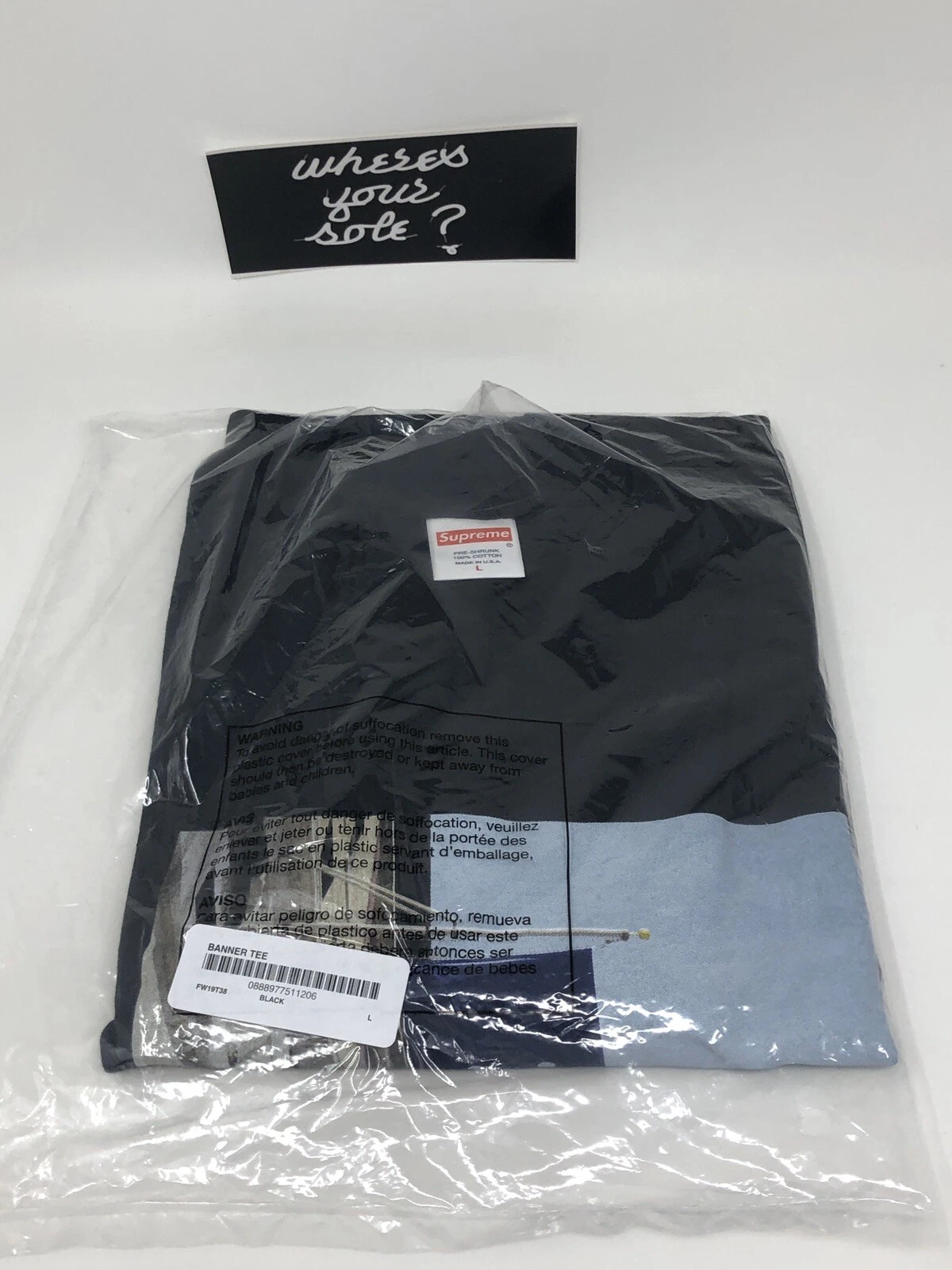 Tee shirt Supreme Banner grand L noir neuf DS FW19