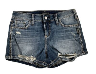 Silver Jeans Elyse Shorts Mid Rise Curvy Destroyed Embroidered Denim Womens 29