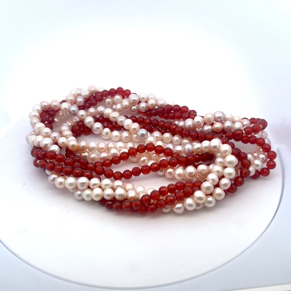 4-Strand 6mm Facetado Ámbar Cuentas & 8mm Crema/ Rosa Perla Retorcido Collar - Imagen 3 de 4