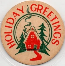 Milk Bottle Cap- Holiday Greetings -red & green-generic- cottage pine trees snow