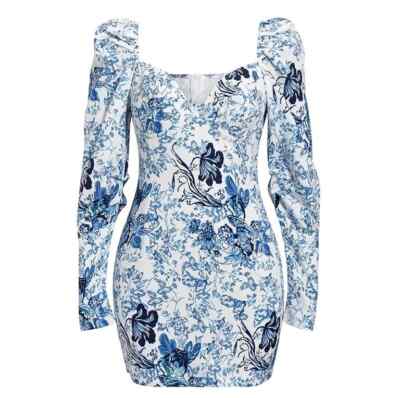 floral puff sleeve bodycon dress NWOT Women's Bodycon Puff Sleeve Floral Blue Print Mini Dress Small