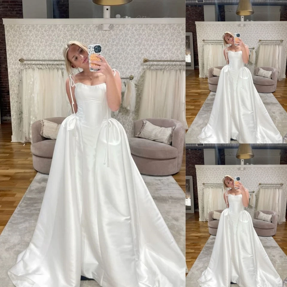 Spaghetti Straps Wedding Dresses Satin Elegant Beach A Line Bridal Ball Gowns - Image 3 of 4