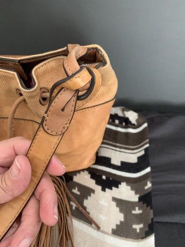 Mimco Cross Body Tan Leather Drawstring + Tassel - Picture 3 of 7