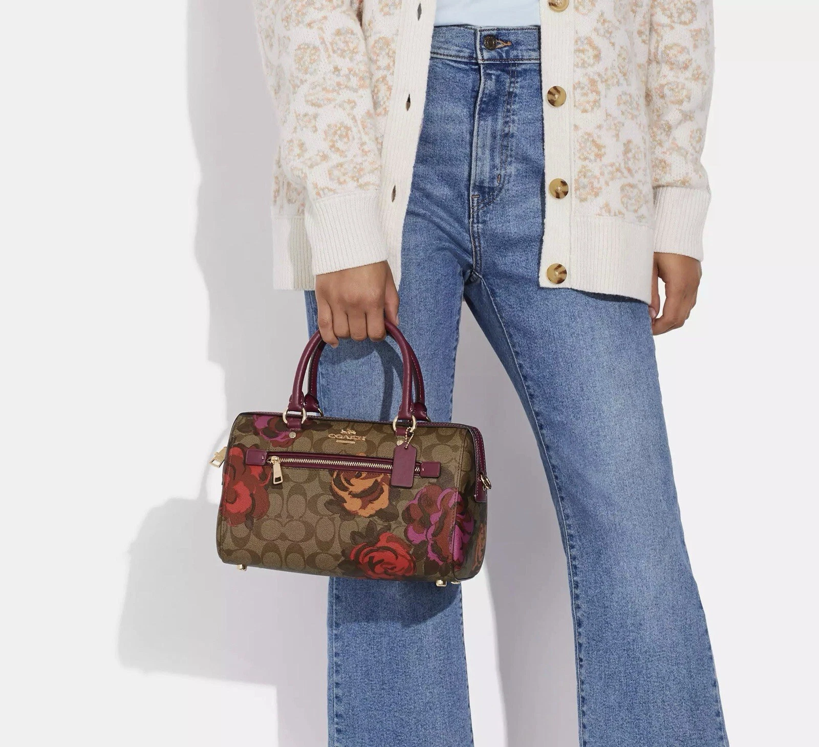 Borsa a tracolla Coach Rowan nuova con etichette in pelle tela firmata con jumbo floreale kaki