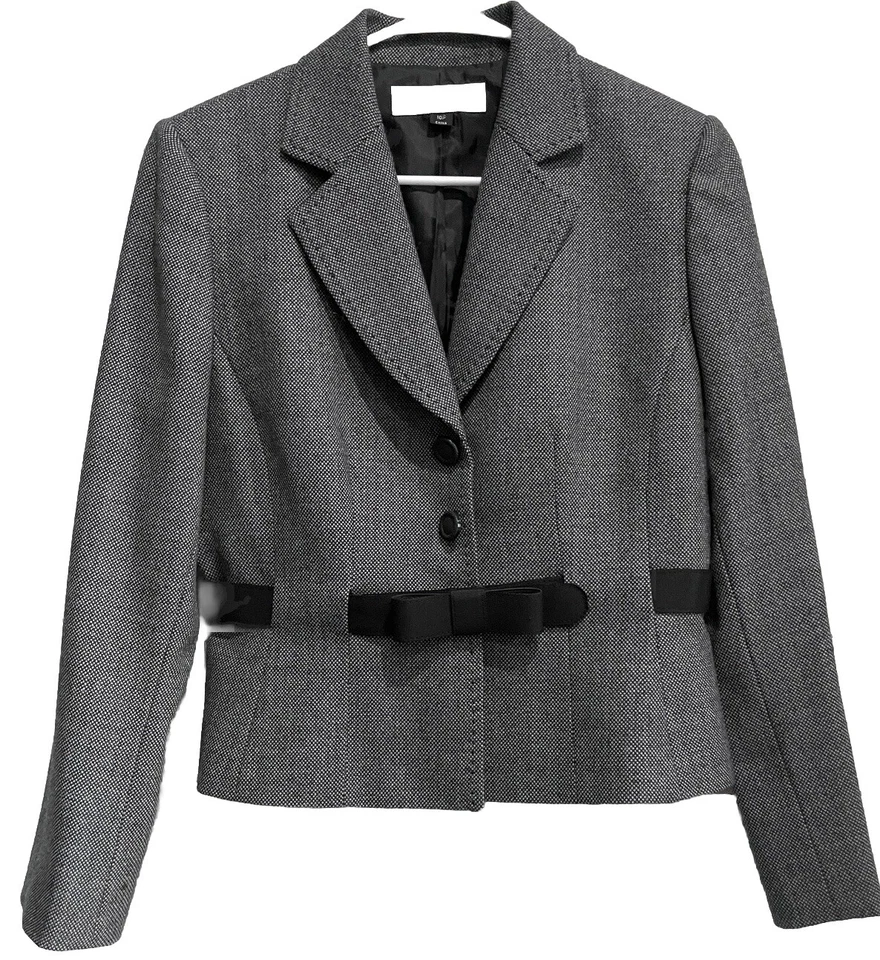 Tahari Wool Blazer Gray Women’s 10 Petite Adjustable Snap Bow Belt Fitted Jacket - Image 2 of 4