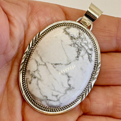 Navajo White Buffalo Turquoise Pendant Sterling Silver Signed Dine Begay 22g