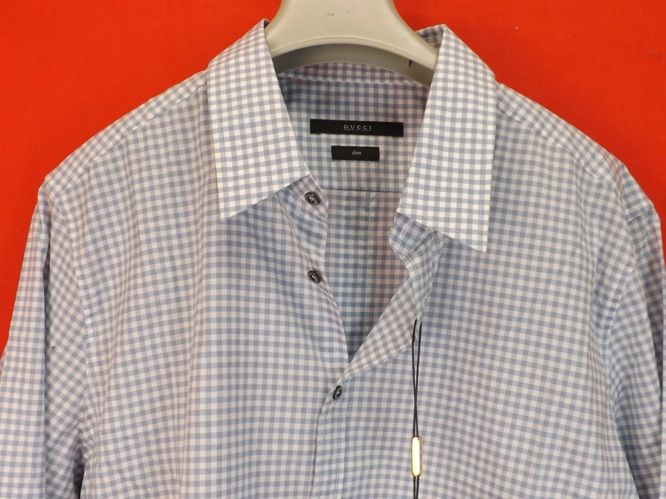 NWT GUCCI TOPAZ PLAID SOFT VICHY COTTON BUTTON SLIM DRESS SHIRT 18 46 #307648 - Image 4 of 4