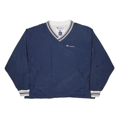 CHAMPION Sweatshirt Col V Bleu Marine XL Manches Raglan Côtes Bordures - Photo 1/4