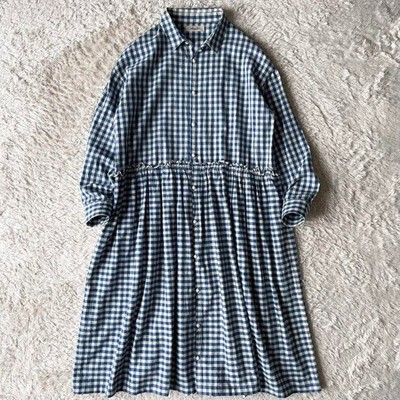ICHI antiques dress Beige Blue gingham check cotton linen Size Free Pre-owned