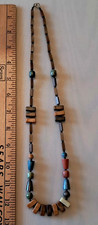 BEADED BOHO NECKLACE WOOD LIKE BEADS FUN SHAPES AND SIZES BROWN/BLUE/ROSE