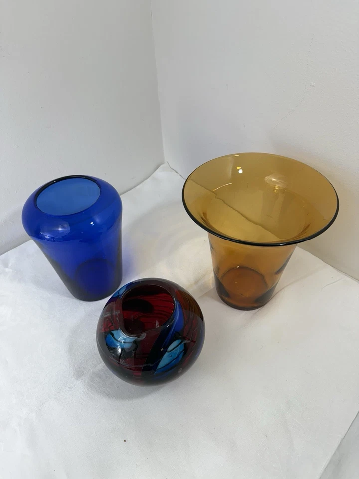 Juego de 3: cuenco y estuches de cristalería artística azul amarillo y rojo Foto 3 de 4