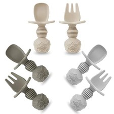 6 Pack Silicone Baby Spoons and Fork Feeding Set- Anti-Choke Tan,Walnut Grey