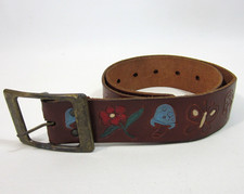 Vintage Leather Belt 70s Tooled  Painted Mushrooms Hippie Boho XS 20-27" Waist