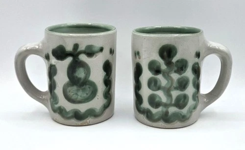 M A Hadley The End Signed Vintage 1950s Art Pottery 2 Coffee Tea Mugs Green RARE