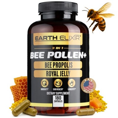 Earth Elixir 3-in-1 Bee Pollen Organic 840mg (180 Caps) W/ 840mg Bee Proplis