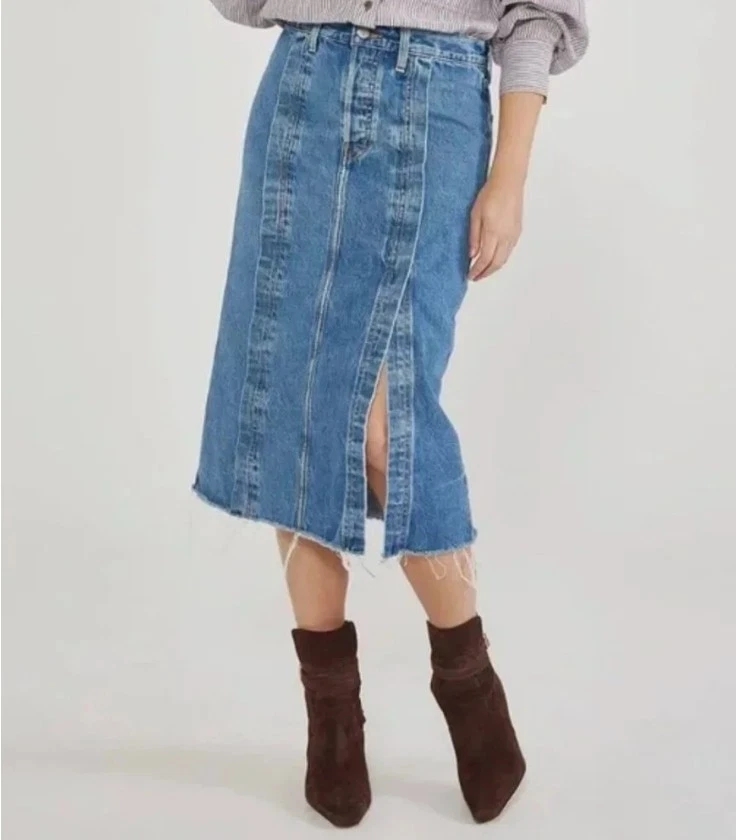 Etica Sigrid seamed split hem denim midi skirt - medium wash - NWT - Size 28