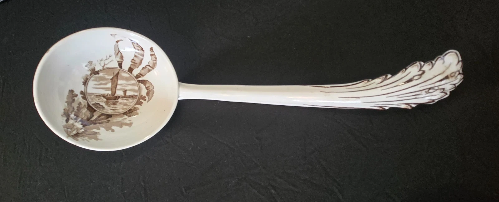 Antique Brown Transferware Ironstone Large Sauce Ladle