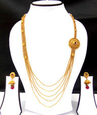 Indian Bridal Fashion Jewelry GP Kundan Long Chain Necklace Jhumki Earrings Set