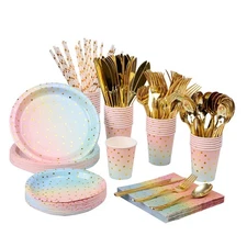 200PCS Rainbow Pastel Party Supplies Set-Disposable Paper Dinnerware Serves 2...