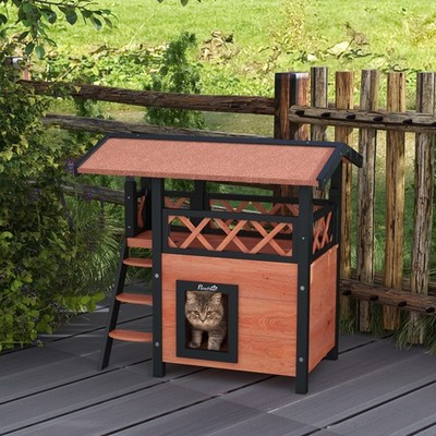 PawHut Outdoor Katzenhaus mit Balkon Treppendach