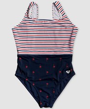  121 Roxy Kids' Girls' Blue Print Swimwear Scoop-Neck One Piece Swimsuit Size 7
