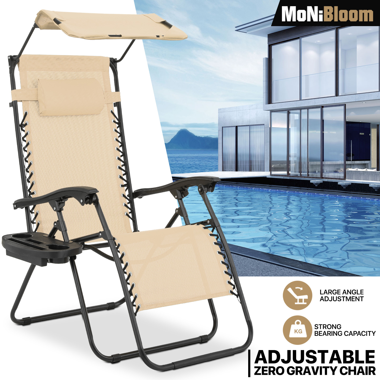 Foldable Zero Gravity Chair Beach Lounge Recliner Cream w/Ho