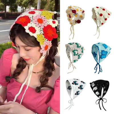 Knitted Triangle Headscarf Headband Hollow Out Embroidery Head Wrap Hair Scarf