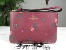 NWT Coach Corner Zip Wristlet With Holiday Bells Print CE920 Black Cherry Multi