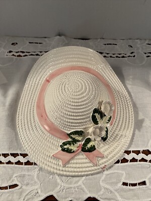 Ceramic White Straw Hat Pink Ribbon & 3D White Flowers Wall Pocket