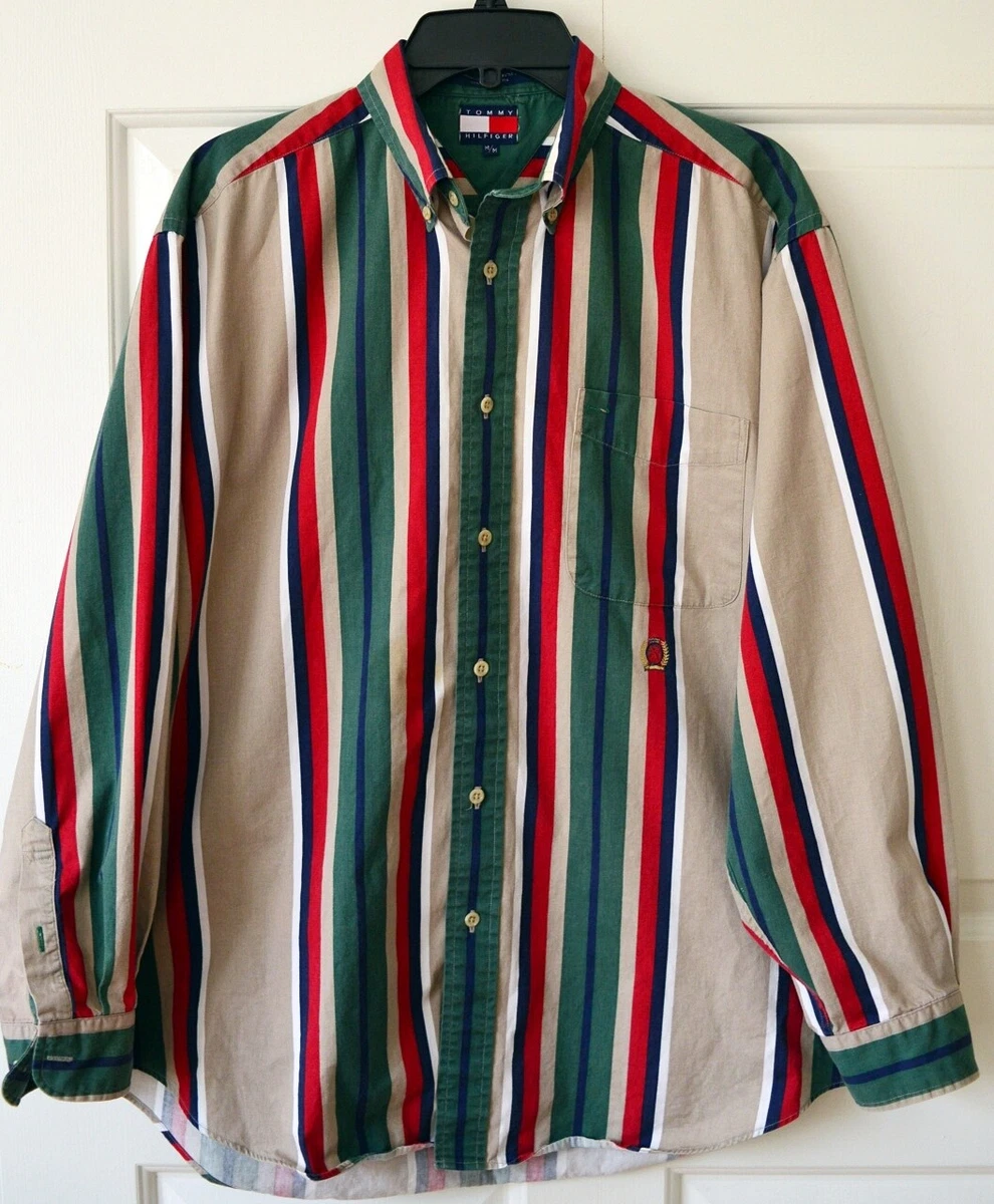 Vintage Tommy Hilfiger Mens M Long Sleeve Cotton Shirt Striped Crest