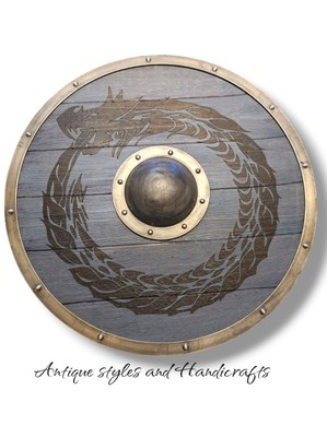 Handgefertigtes 24 Zoll mittelalterliches Krieger Holz Wikinger Schild rundes Schild Drachengesicht.