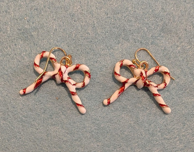 Red/White Candy Cane Bow Dangle Drop Earrings Metal Hook Lobe No Stone