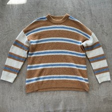 American Eagle Striped Waffle Knit Sweater Brown Blue White Crew Neck Small